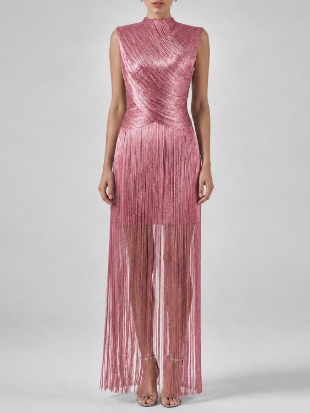 Metallic Metallic Pink Fringe Bandage High Neck Sleeveless Maxi Dress